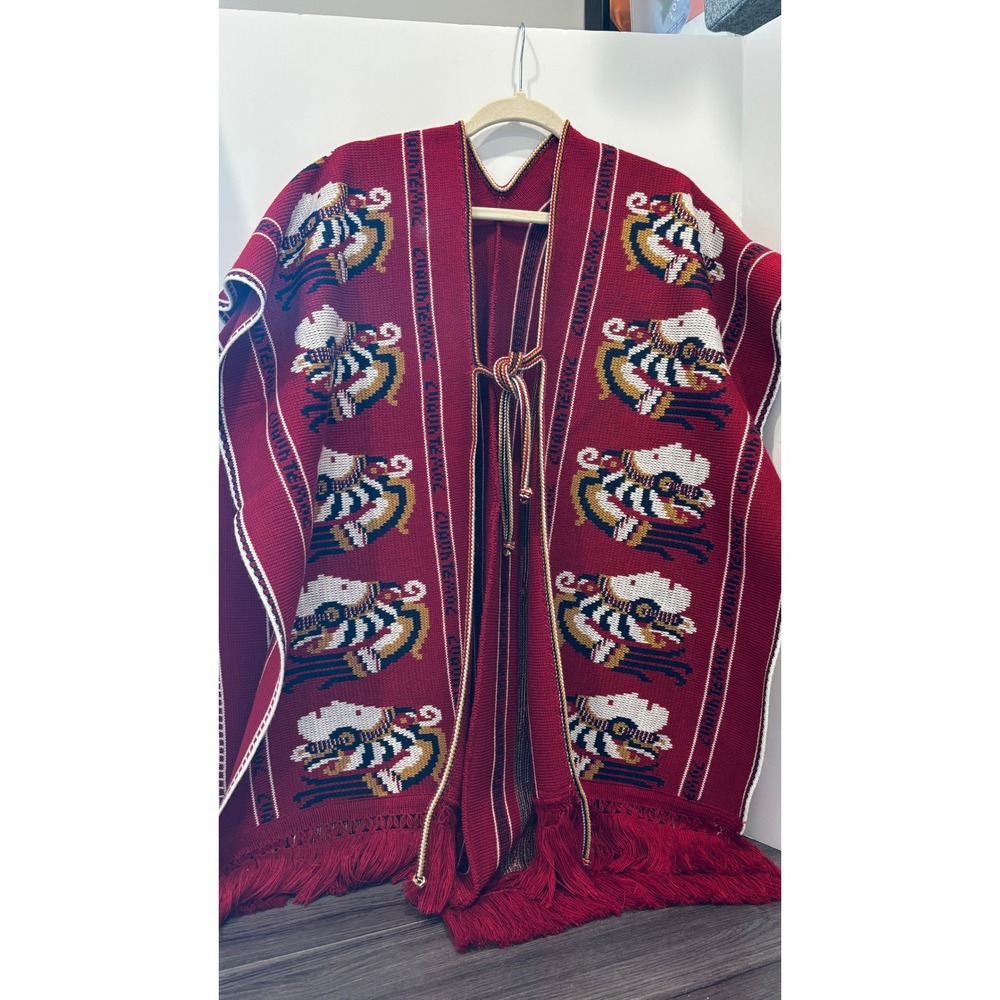 Vintage Cuauhtemoc Mexican Poncho Aztec Warrior Knit Burgundy Red Fringe Wrap